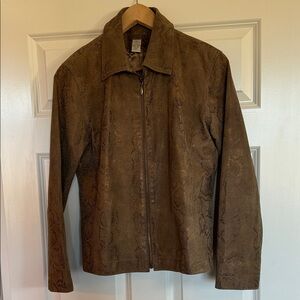 Chico's Brown Snake Skin Patterned Textured Leather Jacket Gold Bronze Accents